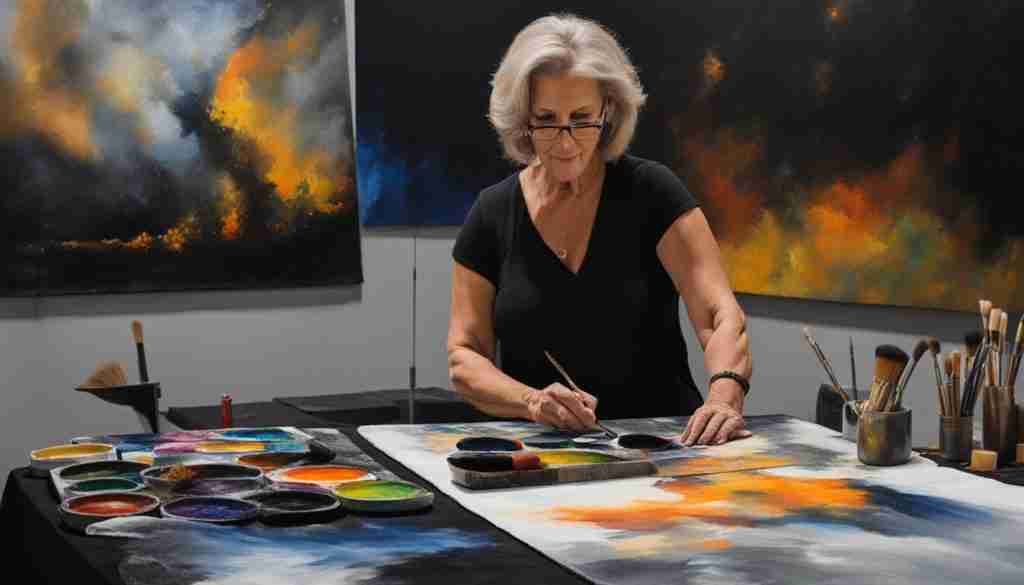 Diane Bombshelter painting on black velvet